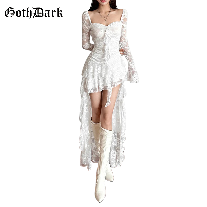 Goth Dark Fairycore Lace Flare Sleeve Square Neck A-line Dress Sweet E-girl Irregular Long Hem Dresses Cyber Y2K Party Vestido