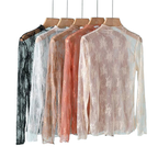 Sexy Women Mesh T-Shirts Transparent Lace Blouse Long Sleeve See Through Tops For Women Bottoming Shirt Sheer Tees Body Crop Top