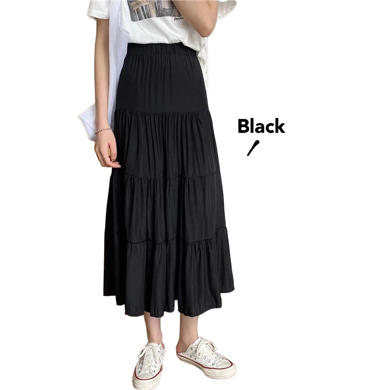 Spring Summer Women Chiffon Skirts Vintage High Waist Elastic Patchwork White Black Chic Long Cake A-line Skirt for Student