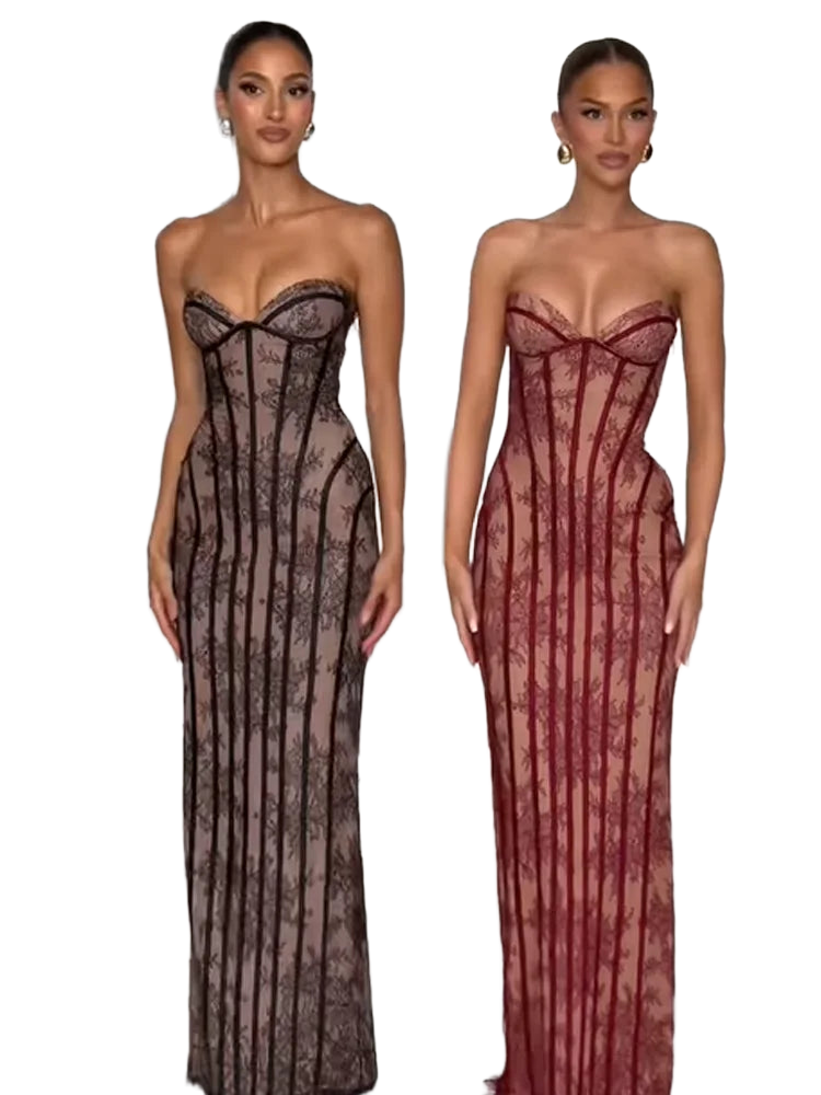 Women Gauze Fishbone Strapless Dress Chic Backless Off-shoulder Waist Cinching Slim Maxi Vestidos 2026 Lady Evening Party Gowns