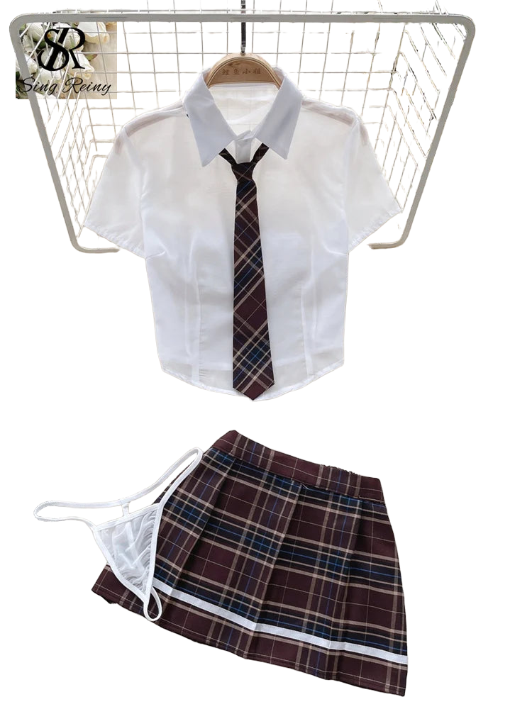 SINGREINY Plaid JK Uniform Erotic Suits Lingerie Female Short Sleeve Blouses+Pleated Skirts Suits Women Cosplay Sheer Sexy Sets