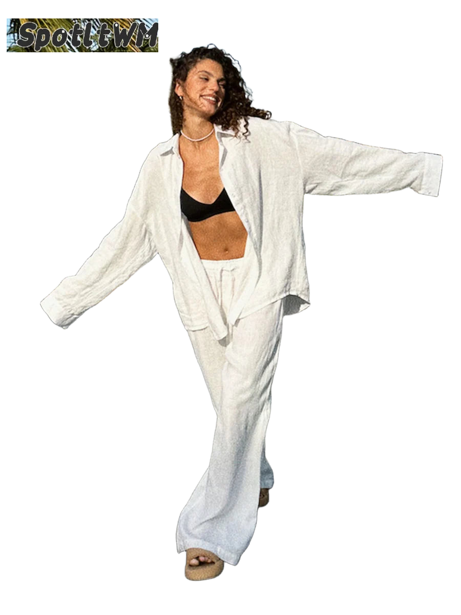 2026 Women Casual Solid Cotton Linen Pant Set Chic Laple Single Breasted Long Sleeve Shirt Elasticity Waist Pant New 2 Piece Set