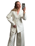 Women Elegant Solid Lace-up Blazer Set Lady Chic V-neck Full Sleeve Loose Coat Wide-leg Pants Suit 2026 Casual Commute Outfit
