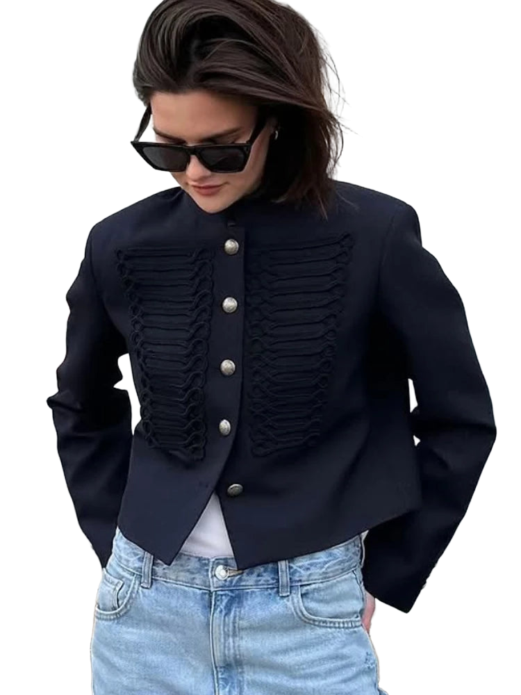 Retro Denim Military Jacket Women Vintage Solid Single Breasted Stand Collar Slim Short Coat 2026 Lady Daily Street Outerwear