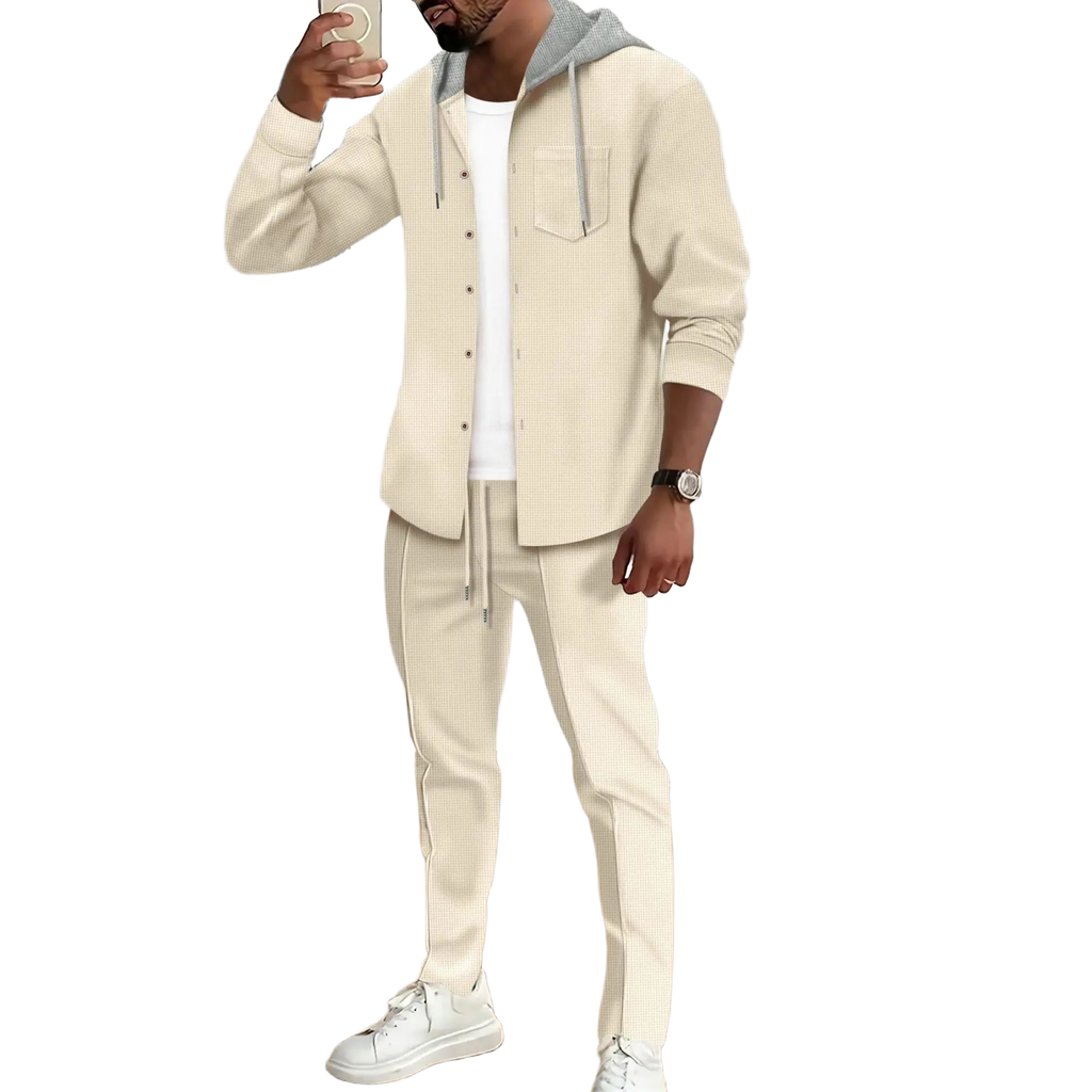 Spring and autumn new Waffle men's casual slim-fit hooded long-sleeved cardigan matching color fashion high quality tracksuit pa