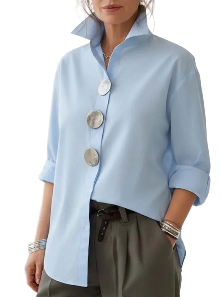 Women Casual Solid Loose Shirt Tops Spring Summer Fashion Lapel Shirt Long Sleeve Blouse Metal Button Top Office Ladies Blouses