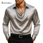 Men Long Sleeves Notched Shirt Clothing 2025 European Fashion Basic Top Solid Silver Gold Blouse Mens Casual V-neck Shirts Homme