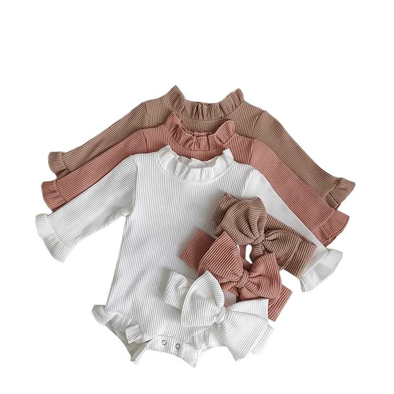 Fashion Toddler Baby Girls Romper Outfits Set Cotton Ribbed Flared Sleeve Jumpsuit + Bow Headband Sweet New Born Infant Clothing