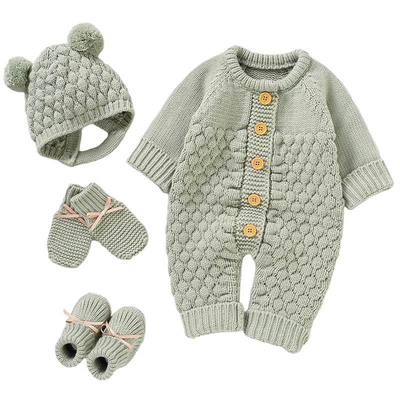 Newborn Baby Romper Shoes Gloves Set Knit Girl Boy Jumpsuit Boot Mitten Solid Toddler Infant Long Sleeve Clothing 4PC Fall 0-18M