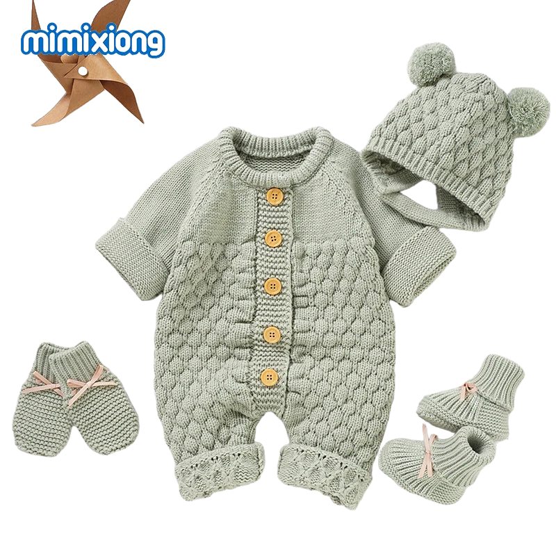 Baby Rompers Caps Clothes Sets Newborn Girl Boy Knitted Jumpsuits Outfits Autumn Winter Long Sleeve Toddler Infant Overalls 2pcs