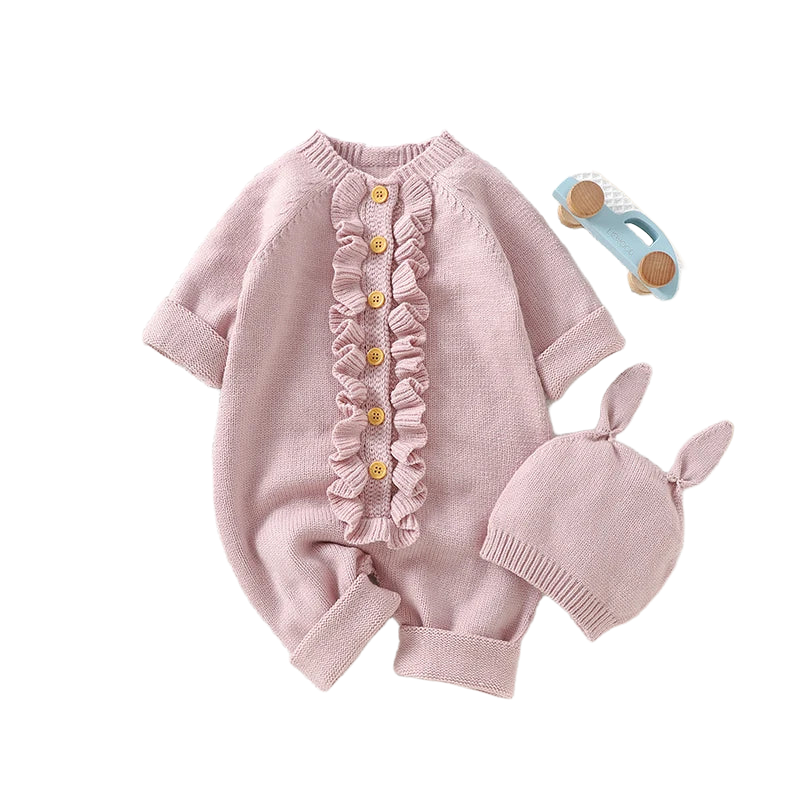 Infant Baby Rompers Knit Newborn Girl Boy Jumpsuit Long Sleeve Autumn Toddler Child Clothes Hat 0-18M Fashion Solid 2PC Overalls
