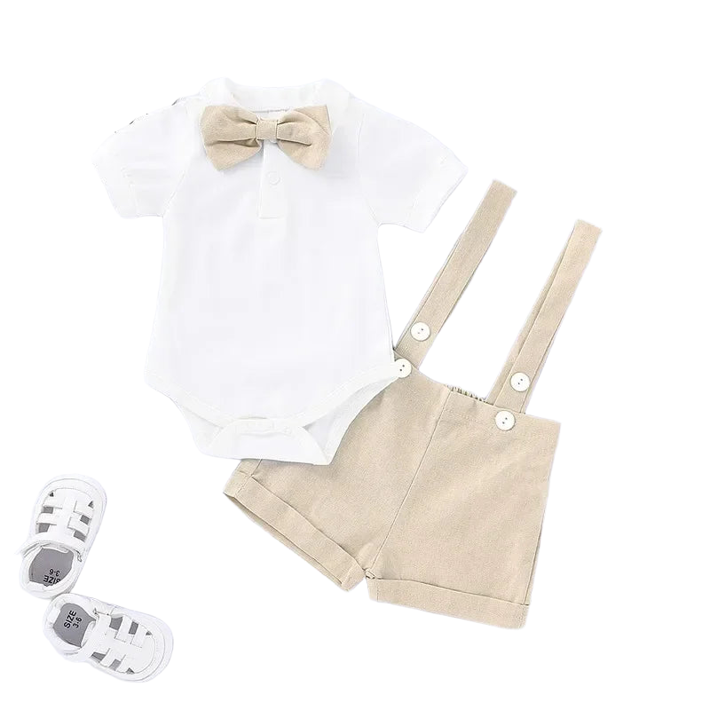 2PCS Summer Newborn Boy Gentlemen Clothes Set Bowtie Short Sleeve Cotton Romper+Suspender Pant Wear for Toddler Boy 0-24 Months