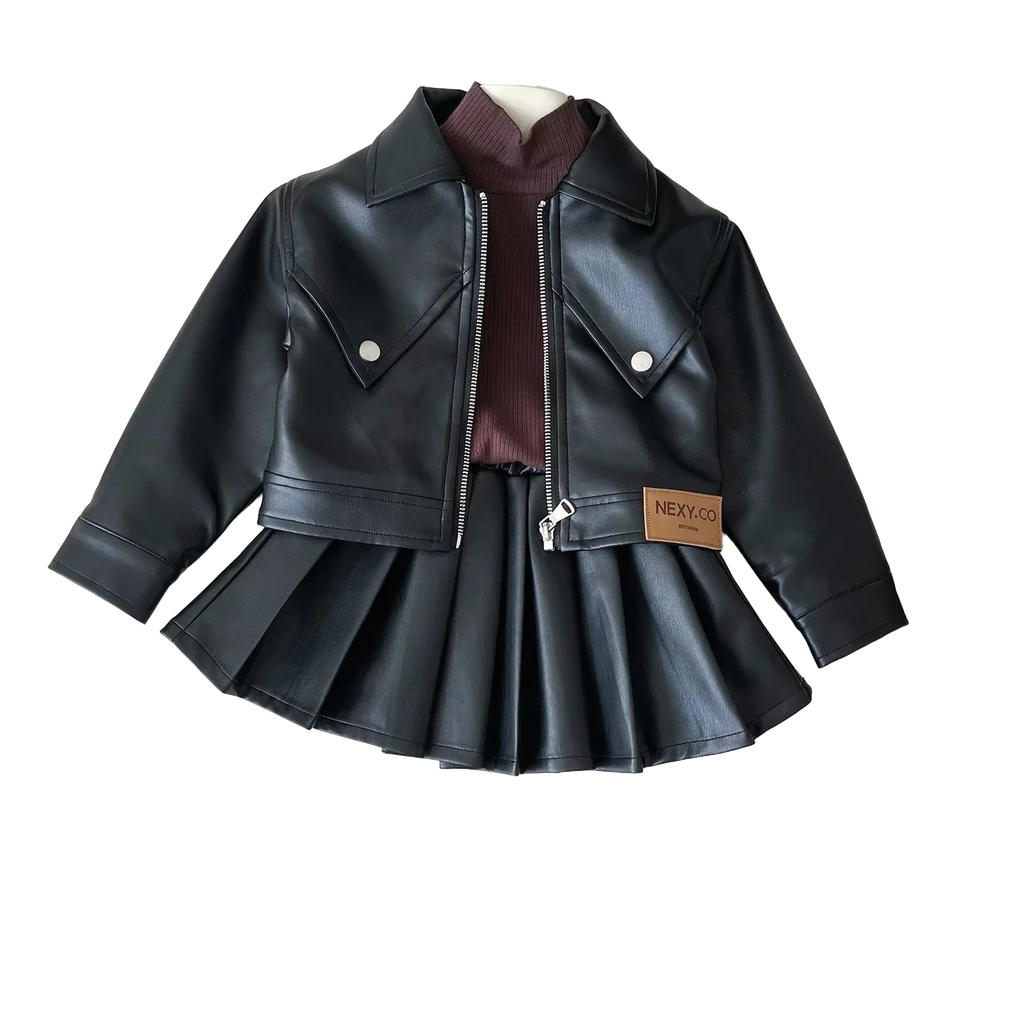 Two-piece Set for Girls Handsome Lapel Solid Leather Top + Solid Leather Pleated Skirt  Kids Clothes Girls  Toddler Girl Clothes