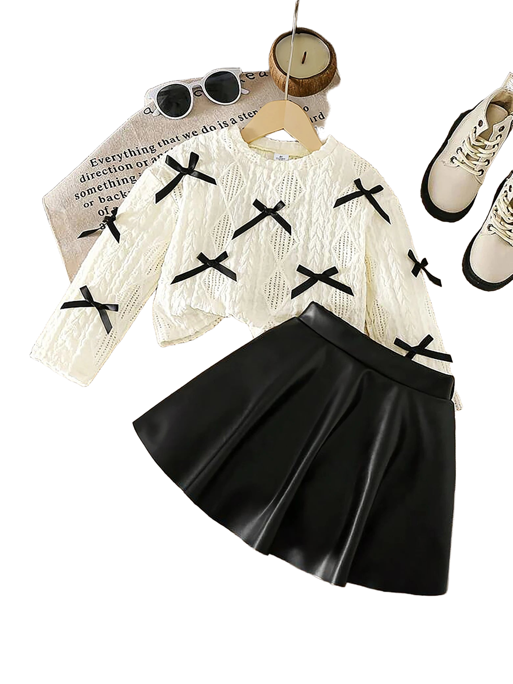 2-Piece Set: Girls' White Bow-Knot Hollow-Out Long-Sleeve Top + Black Pu Leather Skirt Set, Sweet and Cute Fashionable Skirt Set for Girls, Young Lady Style Knitted Top and Short Skirt Two-Piece Set, Casual Spring and Autumn