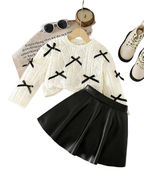 2-Piece Set: Girls' White Bow-Knot Hollow-Out Long-Sleeve Top + Black Pu Leather Skirt Set, Sweet and Cute Fashionable Skirt Set for Girls, Young Lady Style Knitted Top and Short Skirt Two-Piece Set, Casual Spring and Autumn