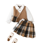 3Pcs Children Girl Set Splicing Fake Two piece Top+Checkered Skirt+Mini Bag Set Suitable Girls 4-7 Year Autumn College Style Set