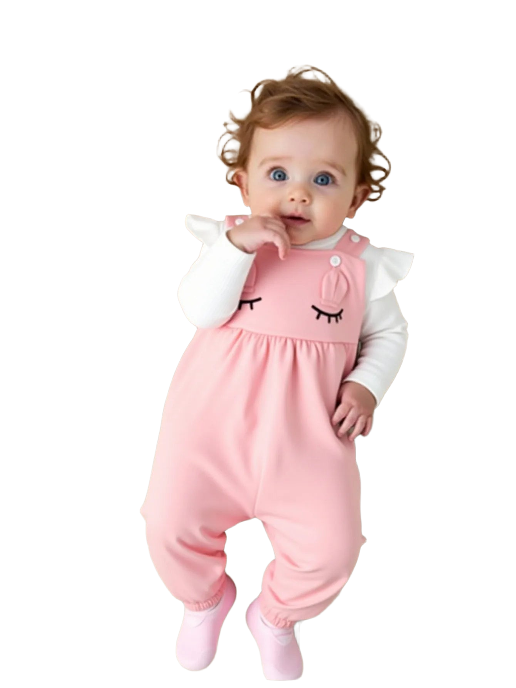 Two-piece set for baby girl: white long-sleeved romper with cute 3D ears and suspenders; autumn and winter