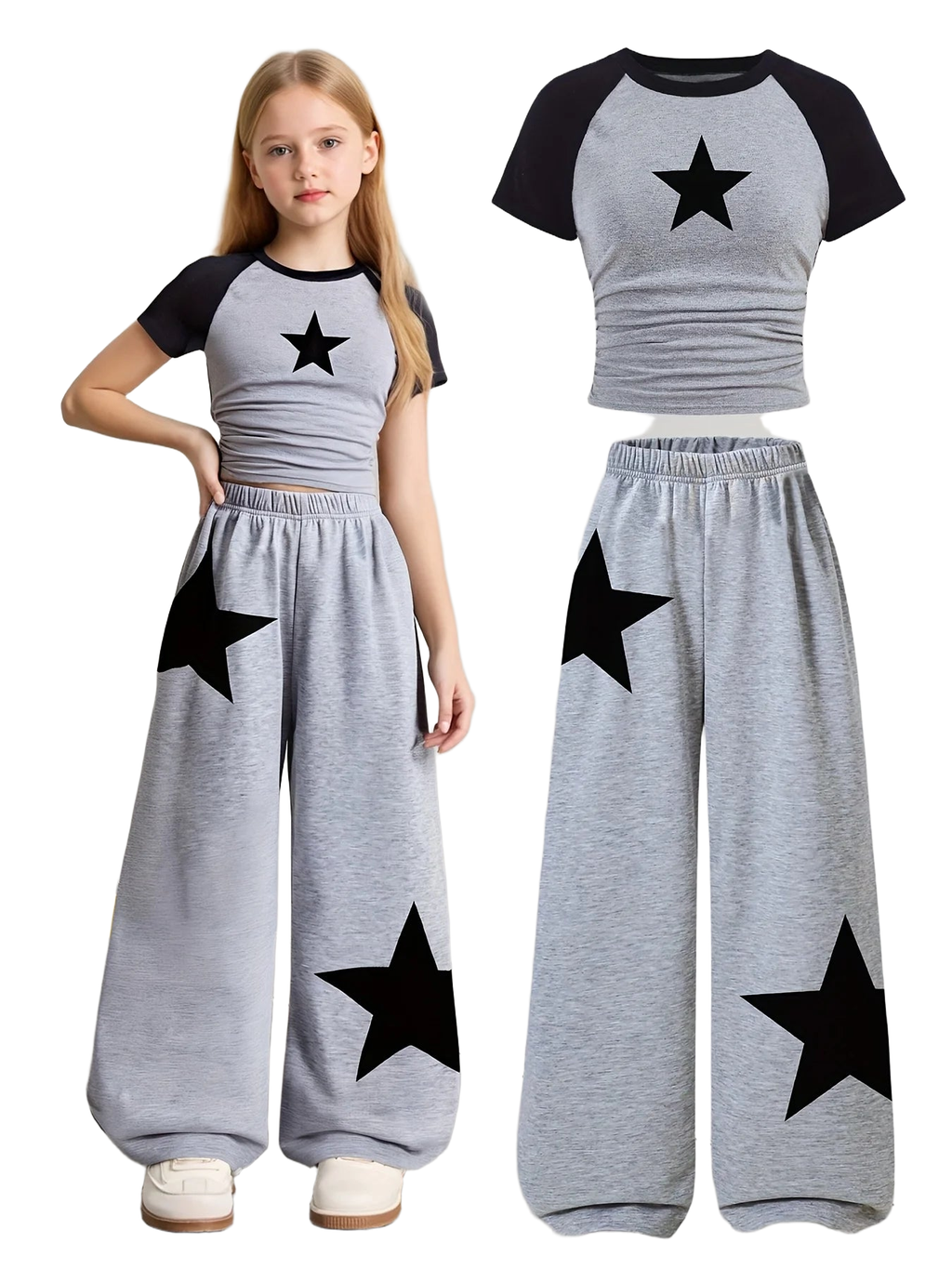 Girls' Clothing, 2-Piece Girls' Set, Five-Pointed Star Pattern, Gray Wide-Leg Sweatpants, Suitable for Spring, Autumn, and Summer, Loose Two-Piece Outfit for Going Out, Versatile for Home and Casual Wear