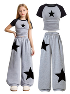 Girls' Clothing, 2-Piece Girls' Set, Five-Pointed Star Pattern, Gray Wide-Leg Sweatpants, Suitable for Spring, Autumn, and Summer, Loose Two-Piece Outfit for Going Out, Versatile for Home and Casual Wear