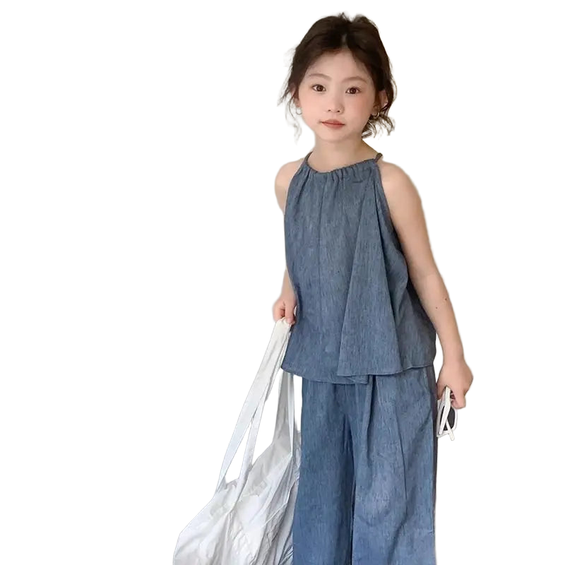 Teens Girls 2-piece Set 2025 Children's Clothing Summer New Set Outfits Baby Korean Slim Top and Blue Wide Leg Pants Casual Set