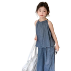 Teens Girls 2-piece Set 2025 Children's Clothing Summer New Set Outfits Baby Korean Slim Top and Blue Wide Leg Pants Casual Set