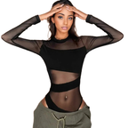 Spring Summer New Fashion Cut Cross Hollow Mesh Jumpsuit Long-Sleeved Thin O Neck Diagonal Black Charming Bodysuit Clubwear