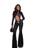Solid Lace Jumpsuits For Women Fashion Sexy Club Long Sleeves O-Neck Hollow Out See Through Romper Female Streetwear Slim Fit