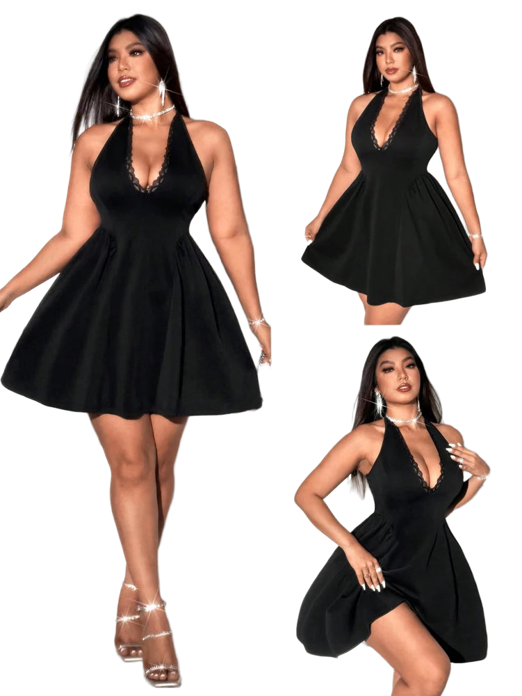 Plus Size Spring/Summer New Arrival Dress V-neck Sensual Lace-trimmed Sleeveless Puff-skirt Evening Gown Solid Colour
