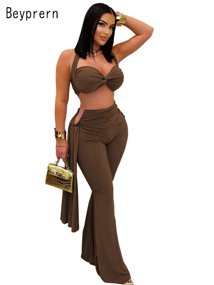 Beyprern New Chic Twist Front Crop Top And Long Straps Wide Legs Pants Set Womens Ruched Metal Tracksuits Set Night Out Overalls