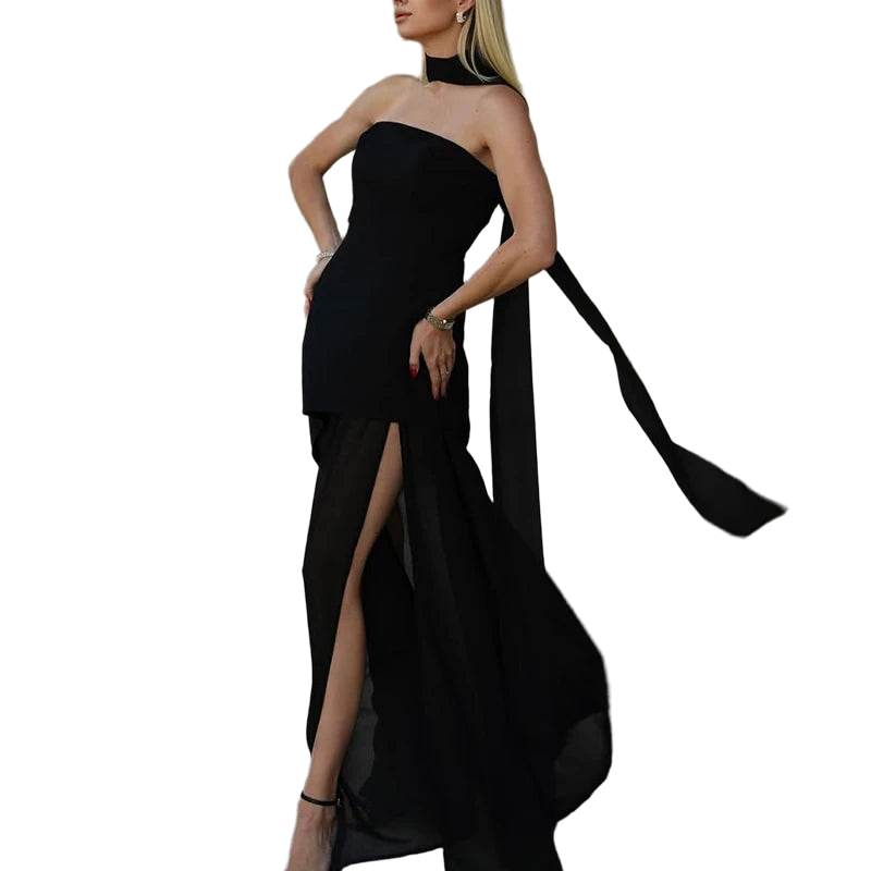 2025 New Strapless Dress With Ribbon Women's Elegant Sleeveless Mesh Beach Vacation Long Dress Spring Fashion Lady Dress