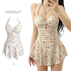 sexy Korean fashion conservative swimsuit one piece floral print wrinkled knot mini dress culottes bikinis padded swimwear