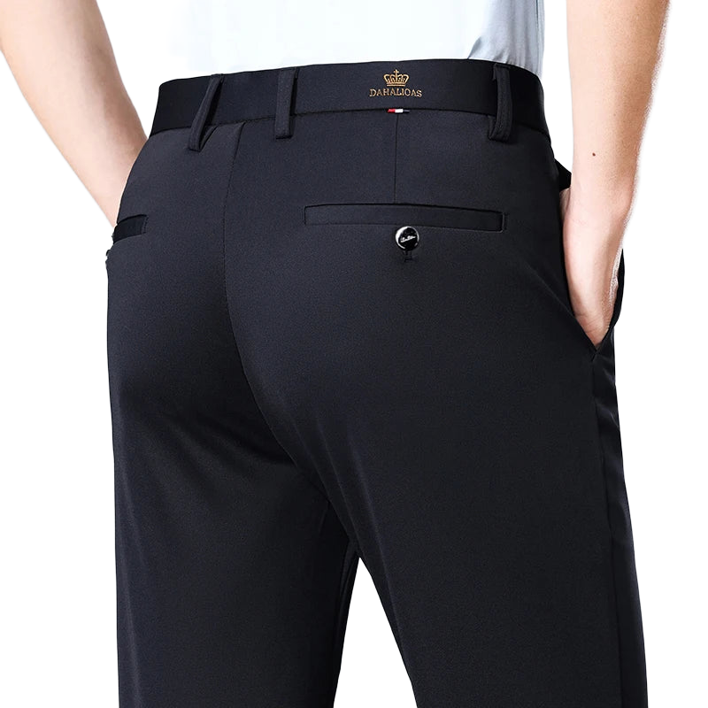 High-stretch fabric men's business trousers suitable for all seasons, featuring an elastic waistband and classic office/work for