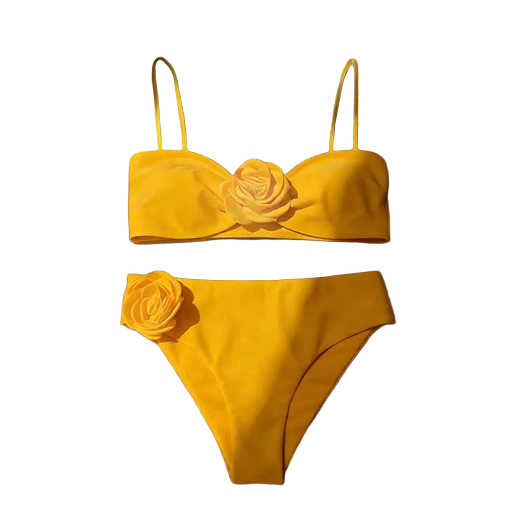 New Women Bikini Set 3D Flower Decor Adjustable Straps Tube Top Bikini Bra High Waist Swimming Trunks Set Sexy Beach Swimwear