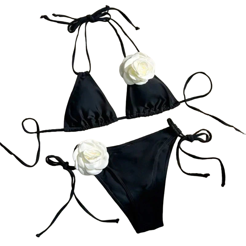 Sexy 3D Flower Black Triangle Bikinis Sets Micro Thong Swimsuit Women String Halter Bathing Suit Bikini 2026 Mujer Biquinis Swim