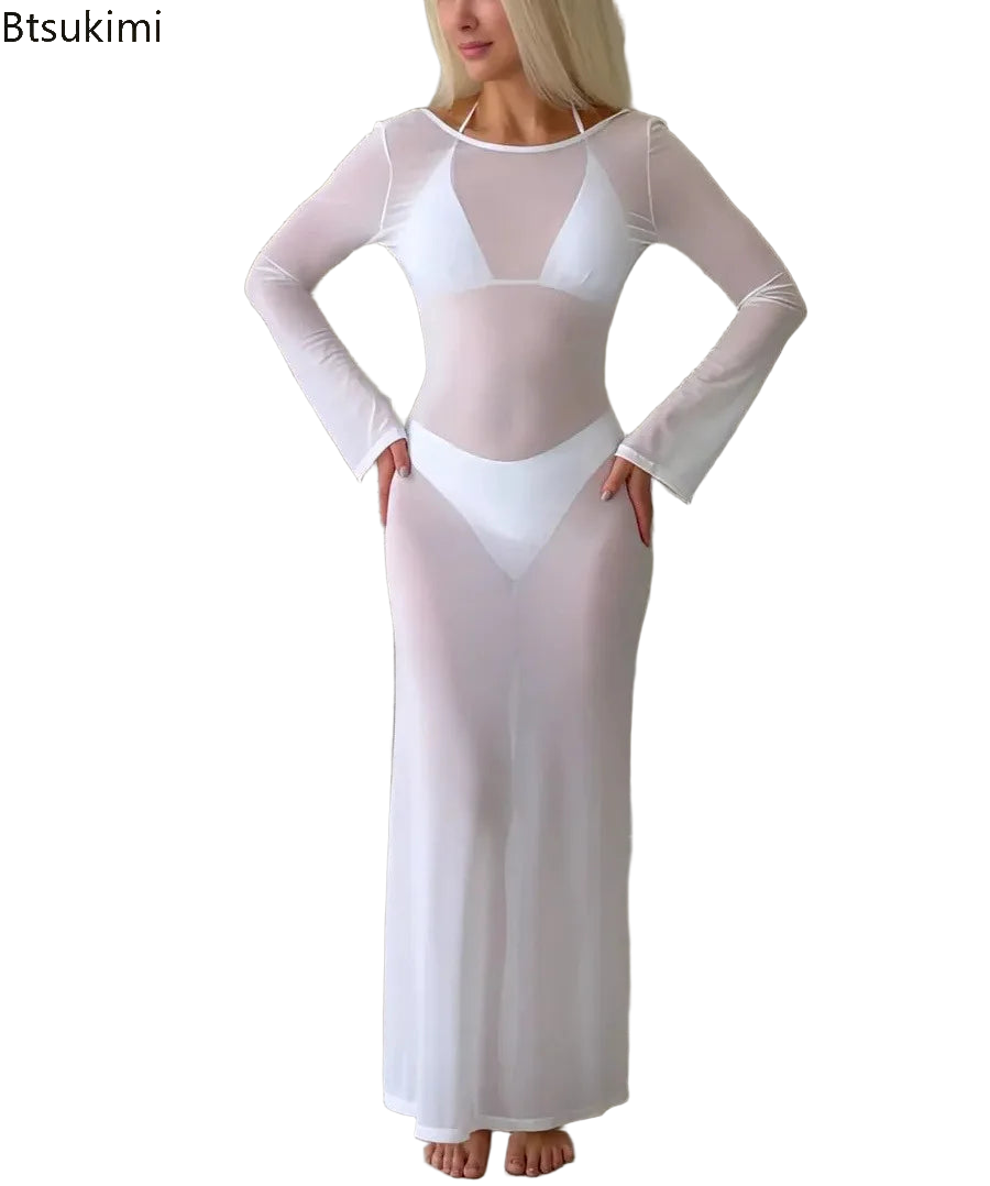 New Women's Mesh See-Through Dress Sexy Slim Backless Long Sleeve Floor-Length Dresses Beach Swimsuit Cover Ups Bikini 3pcs Sets