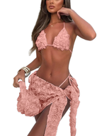 Women's Sexy 3 Piece Bikini Set 3D Flower Beach Skirt Swimsuit Pure Pink Triangle Halter Backless Thong Swimwear 2025 Summer New