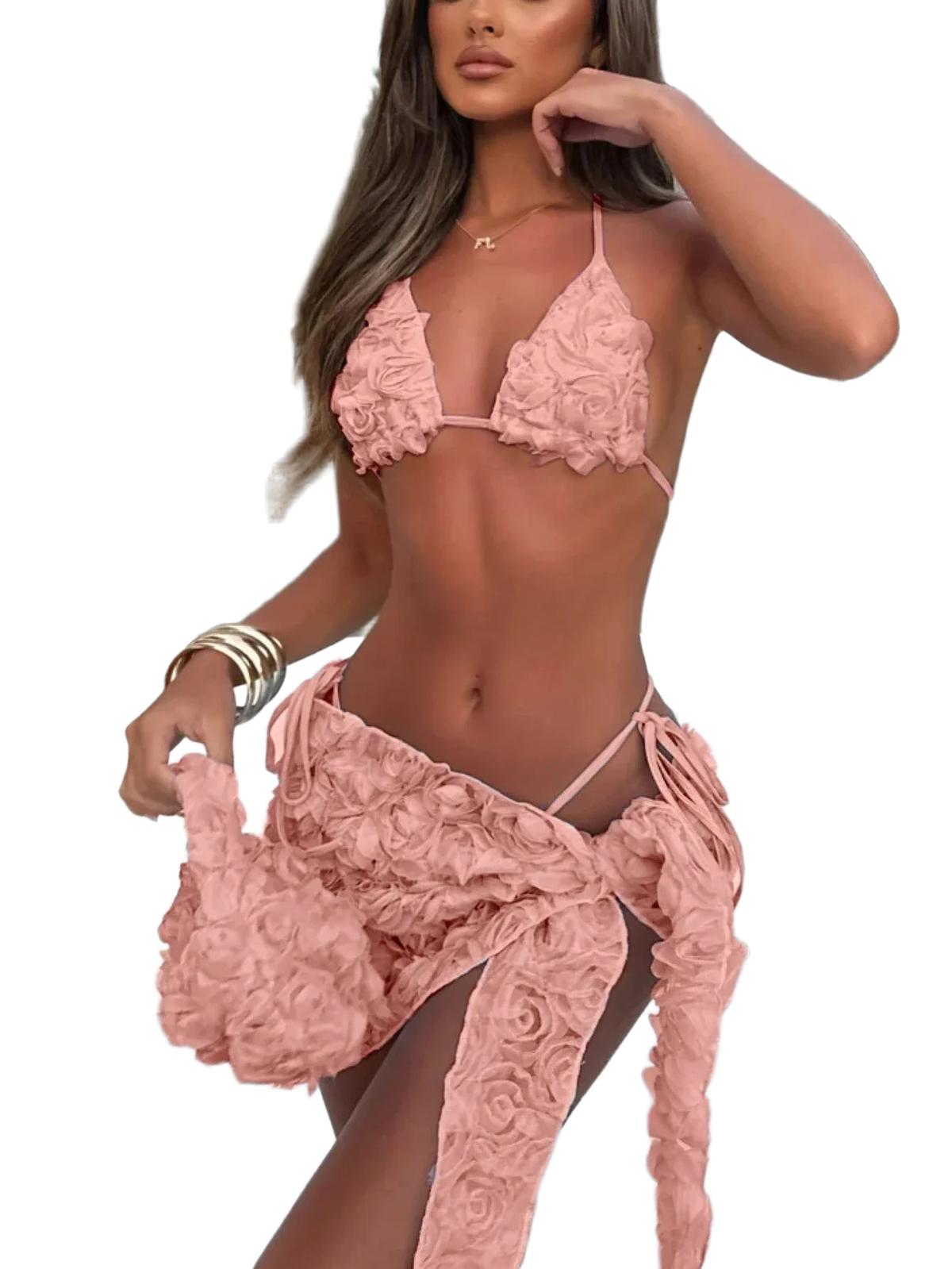 Women's Sexy 3 Piece Bikini Set 3D Flower Beach Skirt Swimsuit Pure Pink Triangle Halter Backless Thong Swimwear 2025 Summer New