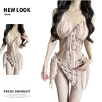 New 3 Piece Bikini Set Women Push Up Chest Triangle Top Cute Yet Sexy Cover Up for Beach Hot Spring Vacation Swimsuit Suit