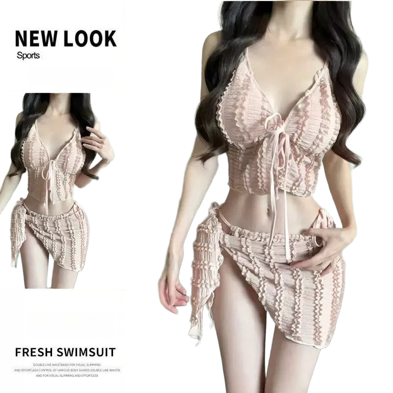 New 3 Piece Bikini Set Women Push Up Chest Triangle Top Cute Yet Sexy Cover Up for Beach Hot Spring Vacation Swimsuit Suit