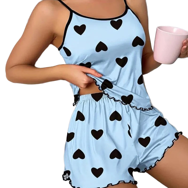 Women's Pajama Set Pajamas T-Shirts Shorts Pink Heart-Shaped Print Round Neck T-Shirt Ice Silk Top Comfortable Casual Summer