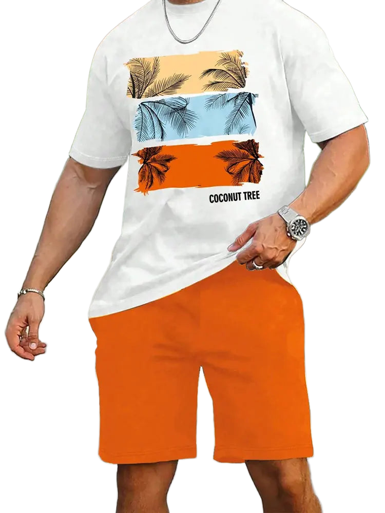 Summer men's two-piece set Hawaii fashion casual men's T-shirt outdoor beach men's shorts palm tree print O-neck short sleeved l