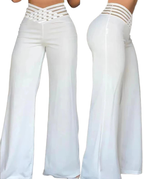 Women Flared Pants Elegant Office Lady Casual High Waist Trousers Spring Summer Solid Crisscross Sheer Mesh Patch Wide Leg Pant