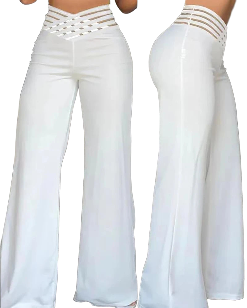 Women Flared Pants Elegant Office Lady Casual High Waist Trousers Spring Summer Solid Crisscross Sheer Mesh Patch Wide Leg Pant