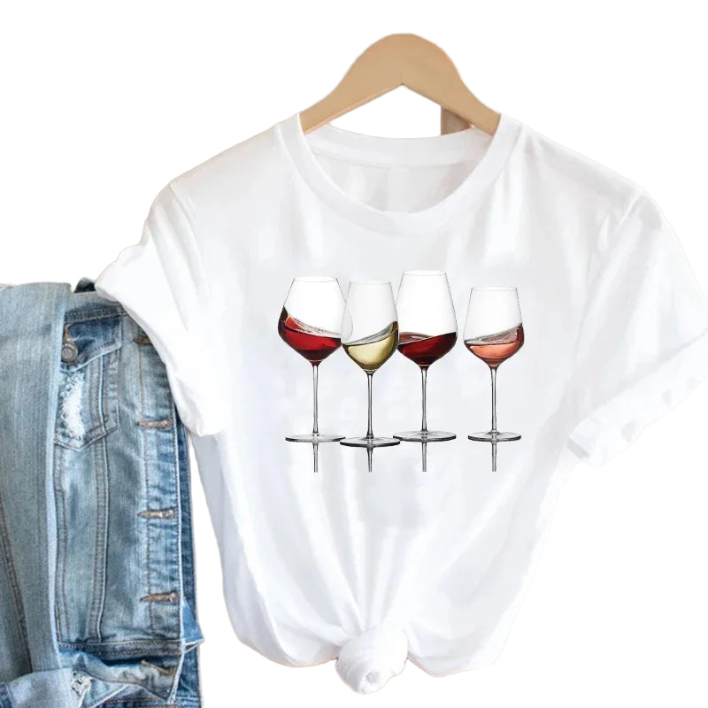 Fashion Trend Short Sleeve Women Ladies T Shirt Top Girl Wine Style Trend Printing Lady Travel Graphic T-Shirt