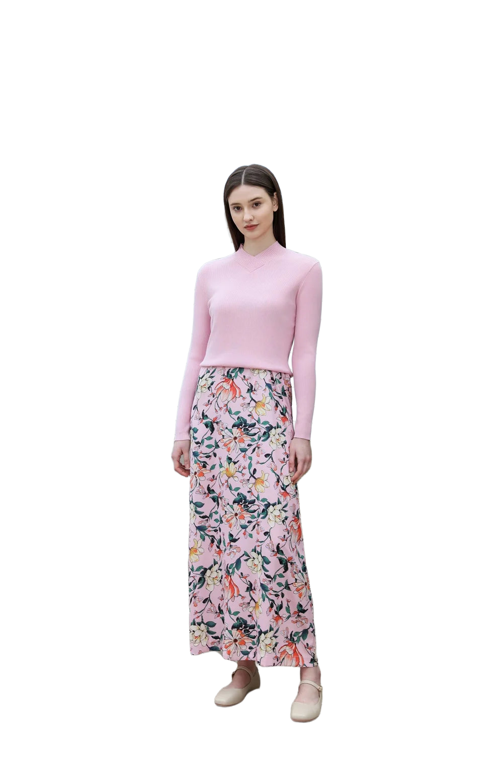 AP 2025SS Women Floral Satin Slip Dress Light Pink Knitting V-neck Sweater Elegant Lady Skirt