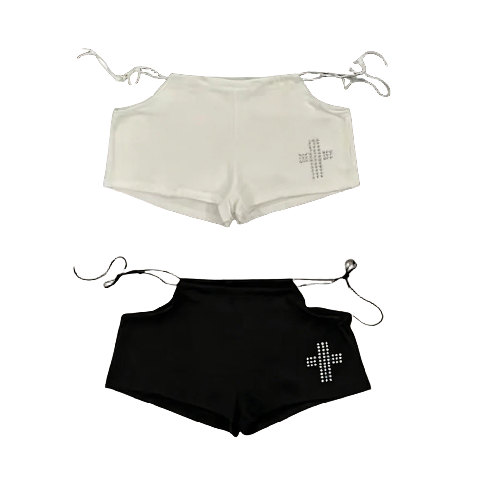Streetwear Aesthetic Hot Pants Women White Cross Print Side Tie Low Rise Micro Shorts 2026