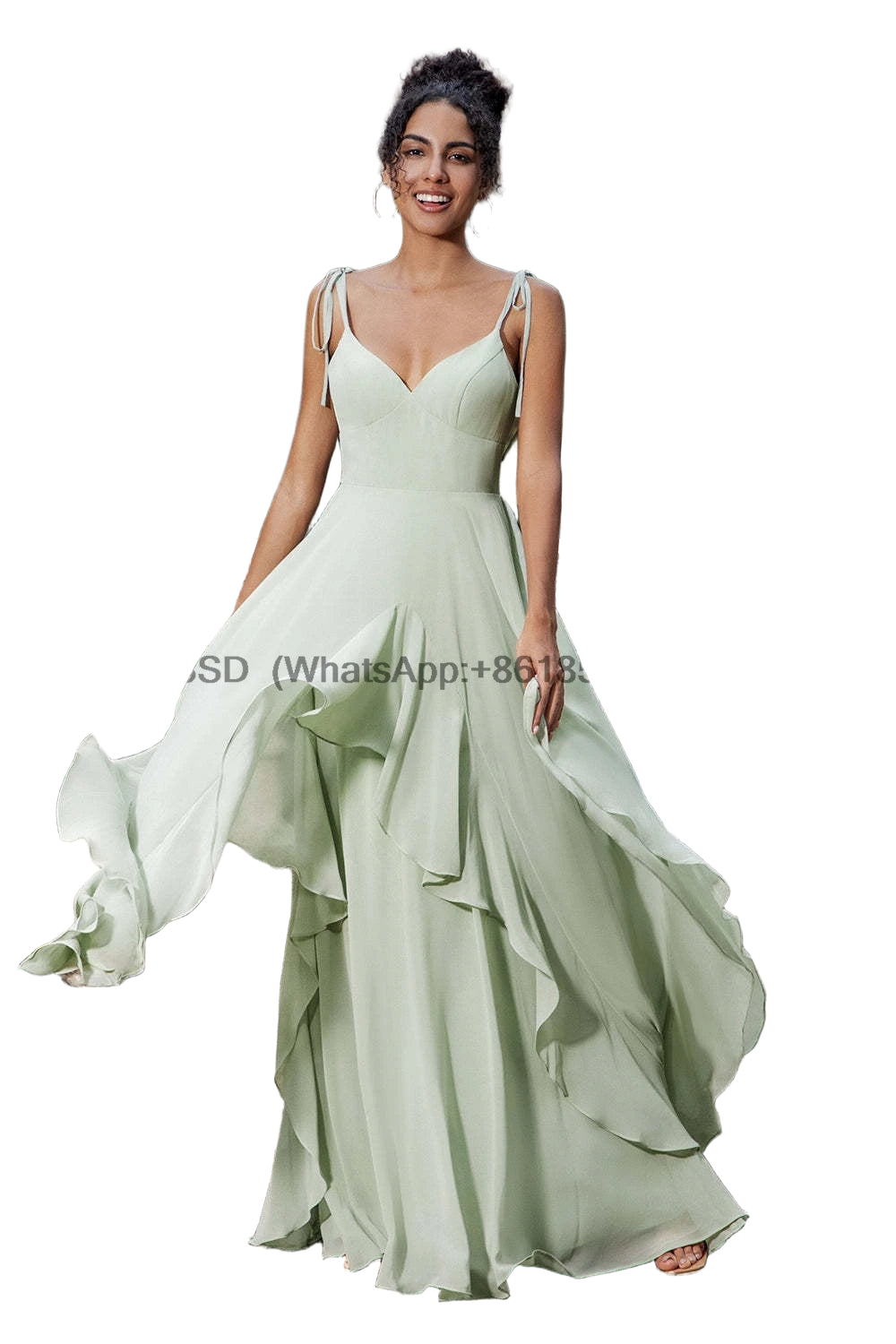 Mint Green Chiffon A-line Bridesmaid Dresses V-neck Bow Spaghetti Straps Layered Ruffle Evening Gown Elegant Wedding Party Dress