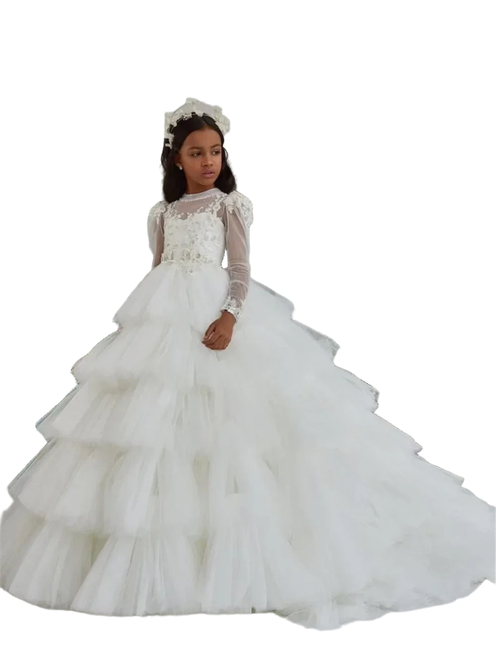 Customized White Flower Girl Dresses Tulle Tiered Flory with Tailing Long Sleeve for Wedding Birthday Party First Communion Gown