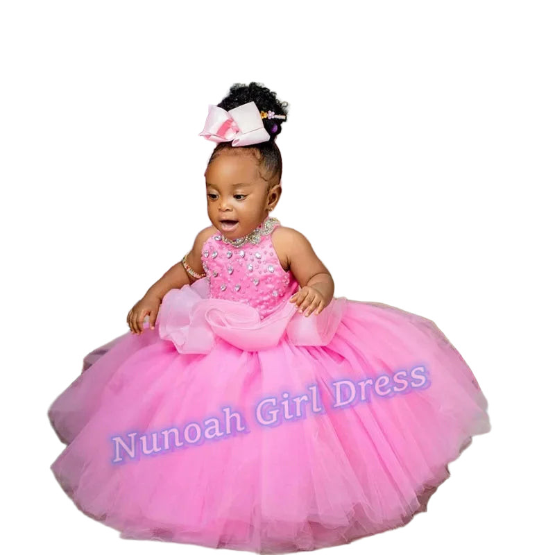 Pink Flower Girl Dresses for Wedding Crystal Sleeveless Sequins Girl Kids Birthday Party First Holy Communion Gowns Customized