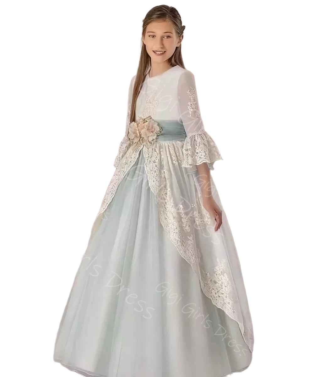 Graceful Lace Princess Flower Girl Dress 2-14 Kids 3/4 Sleeves 3D Flower Belt Wedding Party Gown First Communion Dress Custom